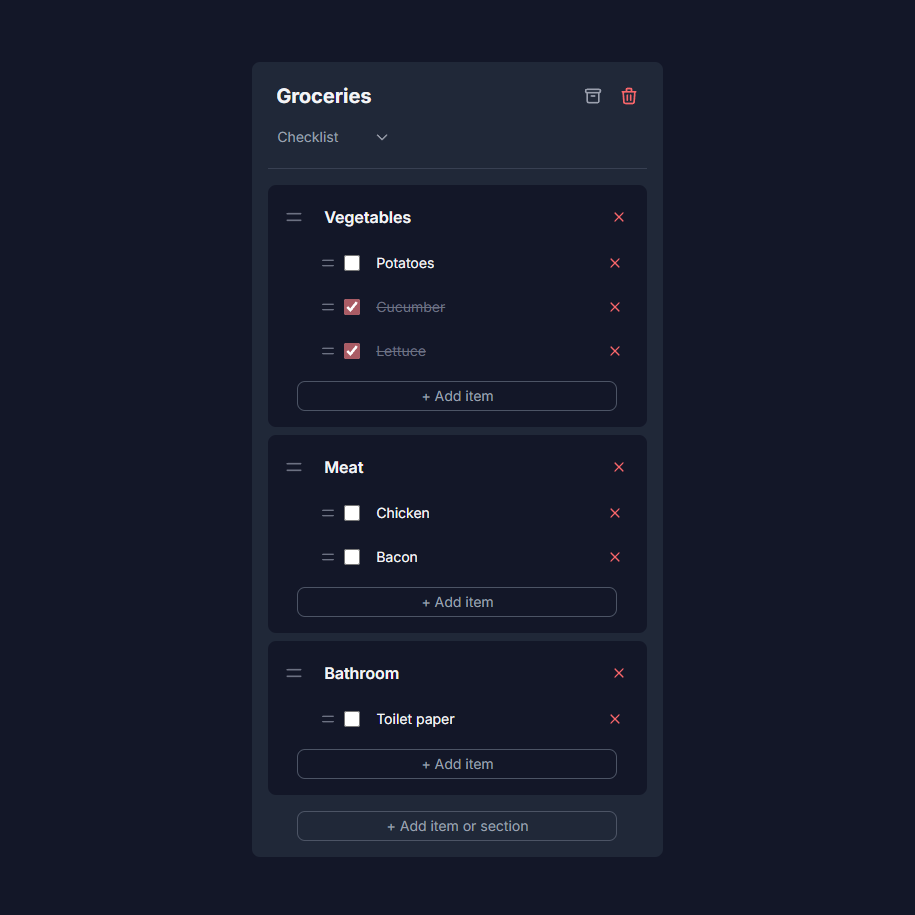 Lists view, organize items by list